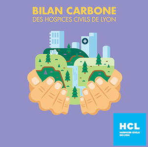 2 mains portant une ville sur fond biolet avec écrit au dessus Bilan carbone des Hospices Civils de Lyon