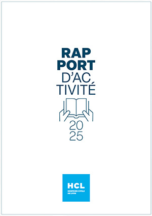 Page de couverture du rapport d'activités 2025 blanche avec écriture en bleu orage et logo HCL