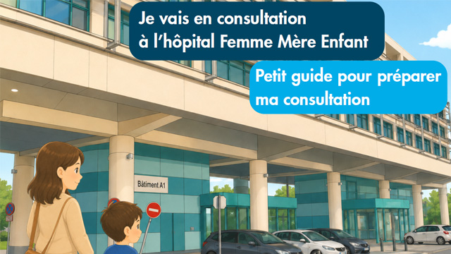 Couverture avec des personnages devant l'hôpital Femme Mère Enfant