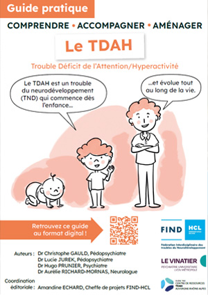 Couverture du document du guide pratique sur le TDAF avec (sous forme de bd) un bébé, un enfant et un adulte