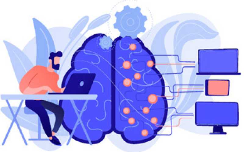 Homme avec ordinateur, connexions, cerveau