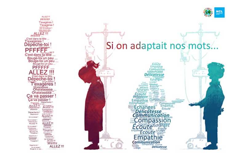 Sur la gauche une silhouette de soignant avec des mots durs et un enfant qui baisse les yeux en rouge et à droite en bleu un soignant qui est à hauteur d'enfant