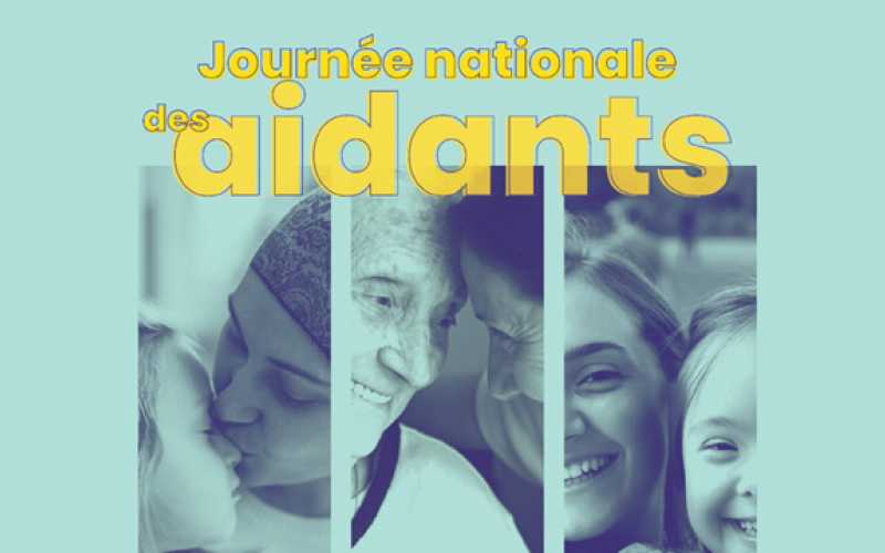 Visuel de l'affiche de la journée nationale des aidants (écrit en jaune) sur fond bleu pastel avec 3 duos de personnes en tryptique