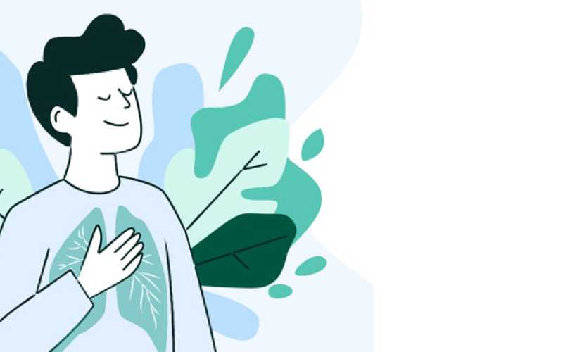 personnage zen et serain dans les tons de bleu-vert avec visibilité de ses poumons en transparence