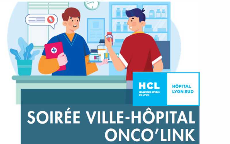 affiche avec 2 personnages avec produits de santé, logo de l'hôpital Lyon Sud et marqué "soirée ville-hôpital onco'link"