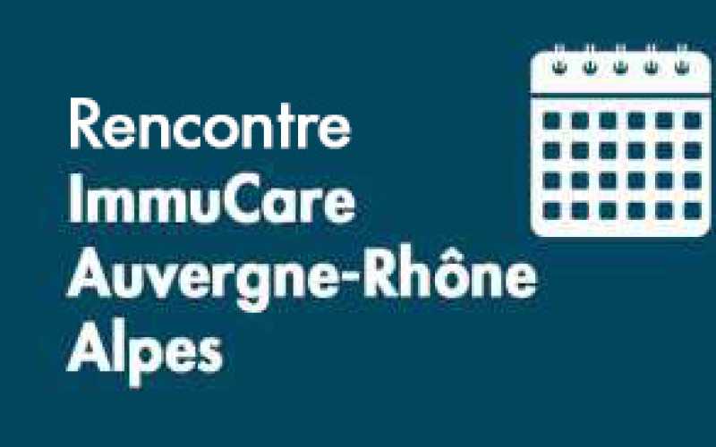 Rencontre ImmuCare Auvergne-Rhône Alpes sur fond bleu avec picto agenda