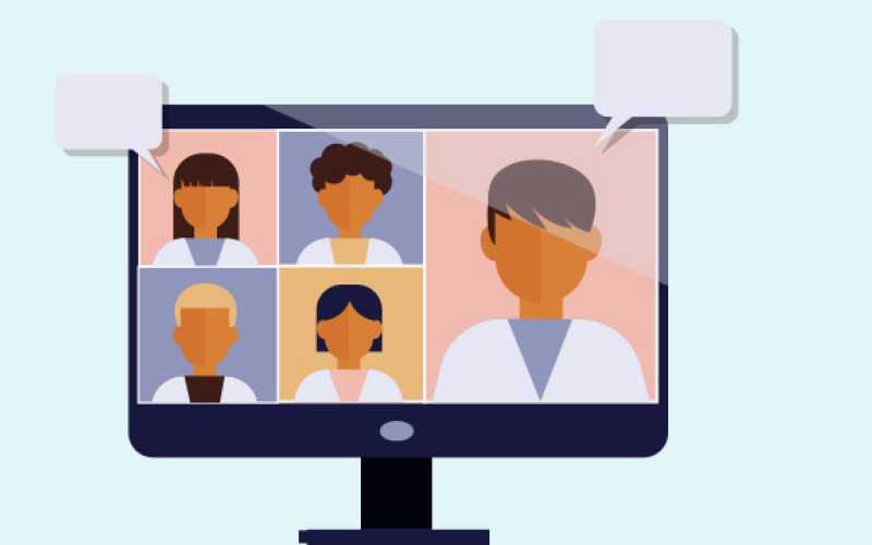 écran d'ordinateur avec personnages en blouse blanche qui parle