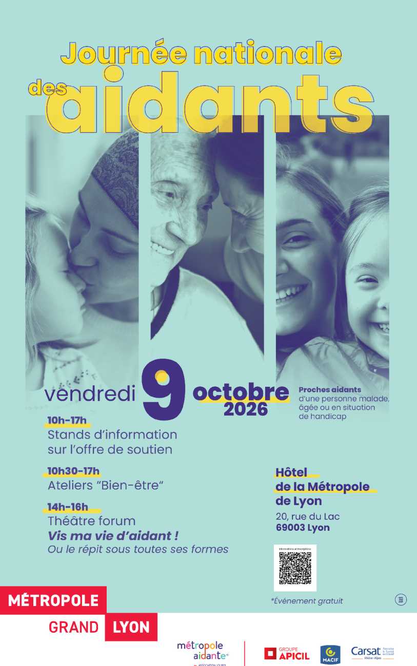 Affiche bleu pastel avec un tryptique de photos de 2 personnes à chaque fois