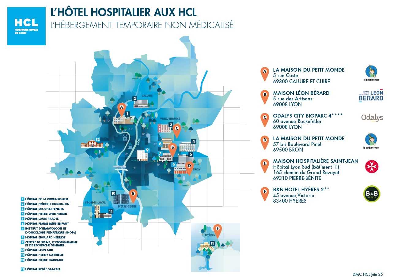 carte de la région indiquant ou se trouvent les hébergements temporaires non médicalisés aux HCL