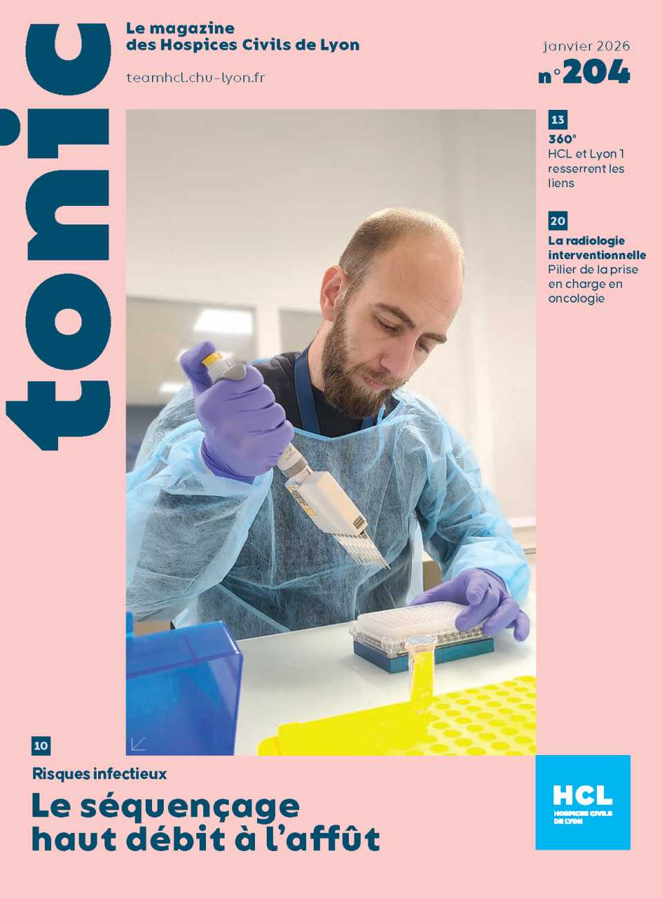 Couverture du magazine Tonic n°2024, avec la photo d'un technicien de laboratoire avec des gants violets et une combinaison bleue, en train de manipuler des fioles