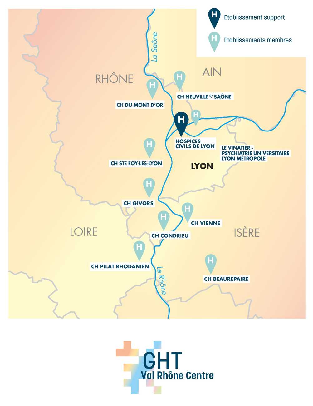 Carte de la grande région lyonnaise sur laquelle sont indiqués les 10 établissements du GHT