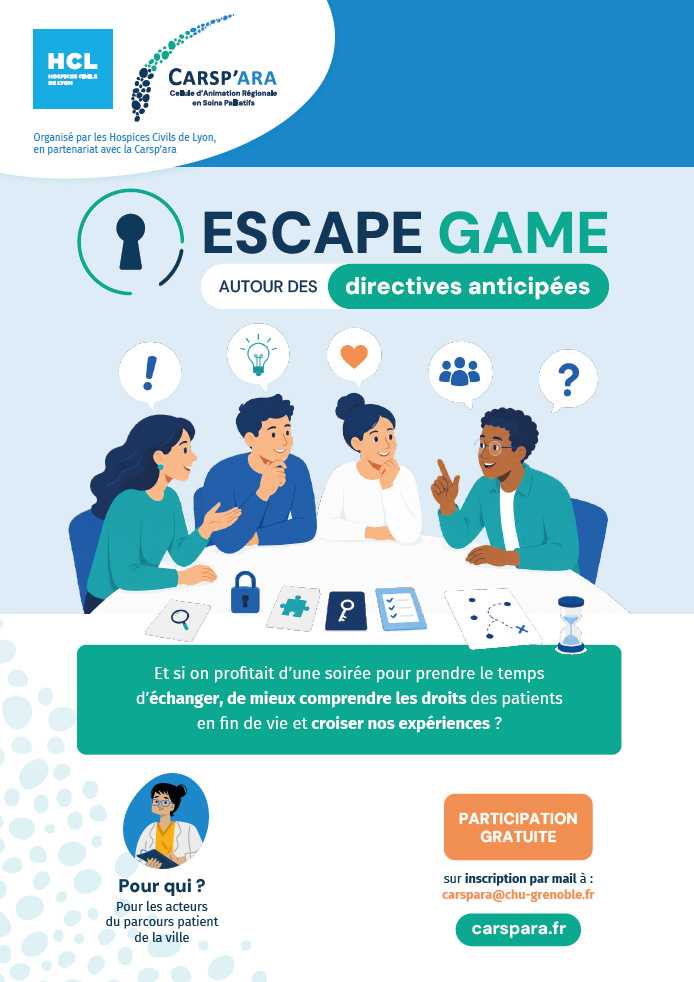 Affiche avec des personnages qui échangent et réfléchissent lors d'un espace game sur les directives anticipées