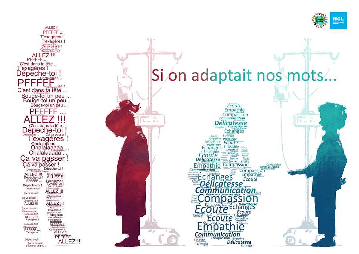 Sur la gauche une silhouette de soignant avec des mots durs et un enfant qui baisse les yeux en rouge et à droite en bleu un soignant qui est à hauteur d'enfant avec des mots bienveillants