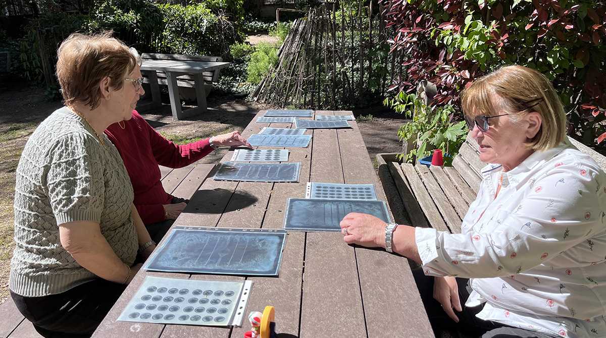 Personnes âgées assises en extérieur sur bancs et table en bois avec des cyanotypes
