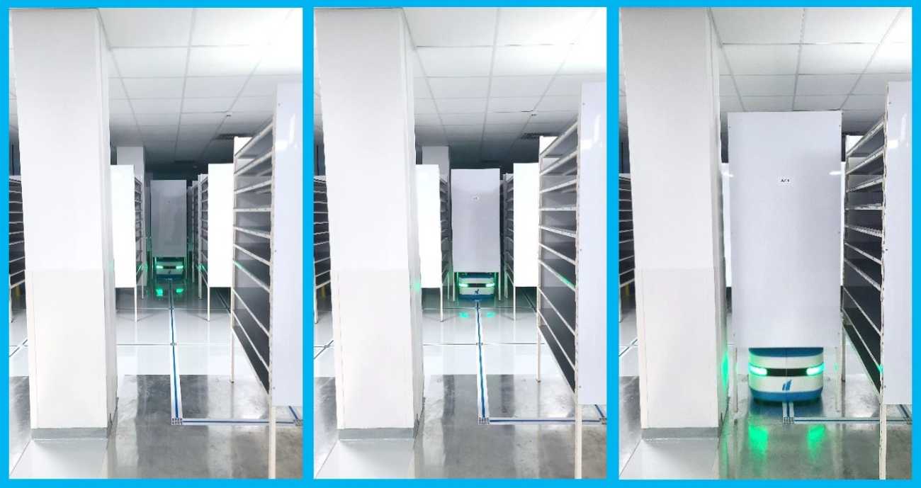 trois photos cote à cote qui montrent l'avancée d'un robot dans la plateforme logistique Géolab