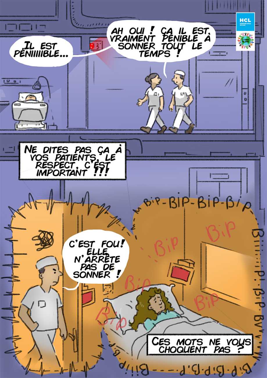 Planche de BD avec deux soignants qui se plaignent dans le couloir qu'un patient sonne trop