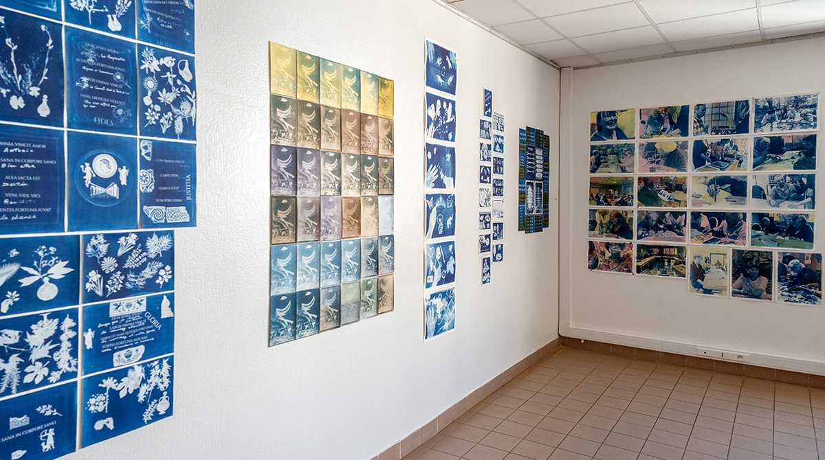 Cyanotypes accrochés au mur de l'hôpital des Charpennes