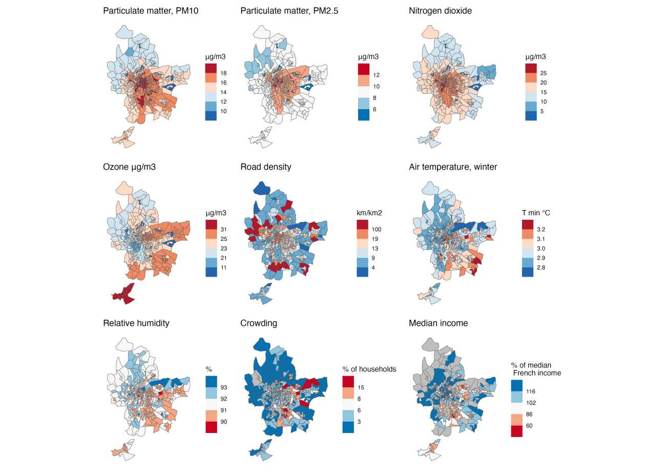 Neuf schémas de la région lyonnaise indiquent chacun les résultats obtenus par facteur environnemental (humidité relative, température de l’air, pollutions par particules et à l’ozone, densité urbaine, surpeuplement, couverture végétale, revenu médian, etc.).