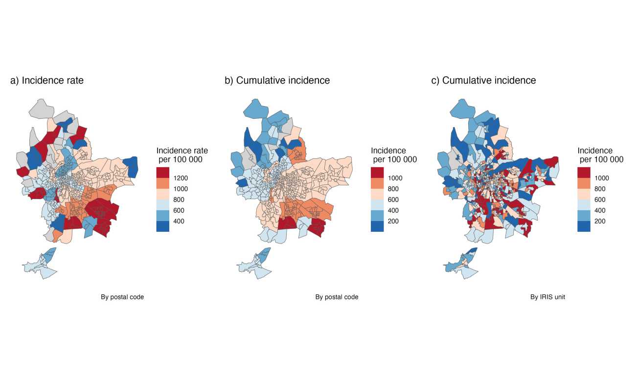 trois schémas de la région lyonnaise montrent, à l'aide de couleurs, le taux d'incidence de la maladie.