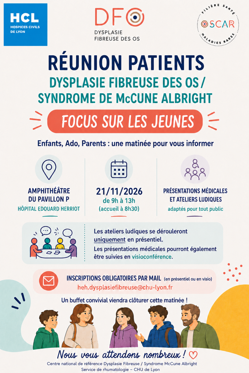 Affiche de présentation de la réunion patients sur la dysplasie fibreuse des os et le syndrome de McCune Albright