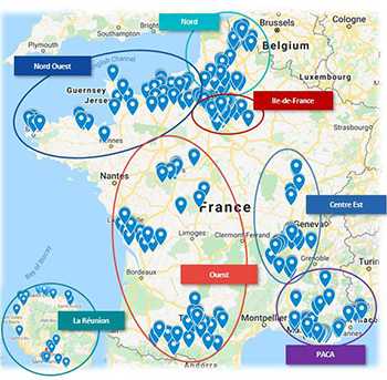 Figure 2. Distribution des laboratoires Cerballiance au sein des régions de la métropole et à La Réunion