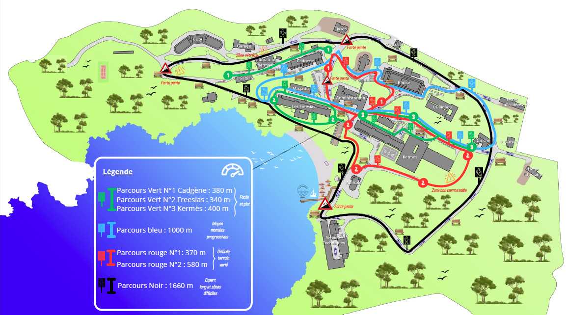 Carte avec les différents parcours de rééducation possibles dans le parc de l'hôpital Renée Sabran