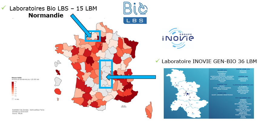 Distribution des laboratoires BioLBS et INOVIE GEN-Bio au sein des régions de la métropole