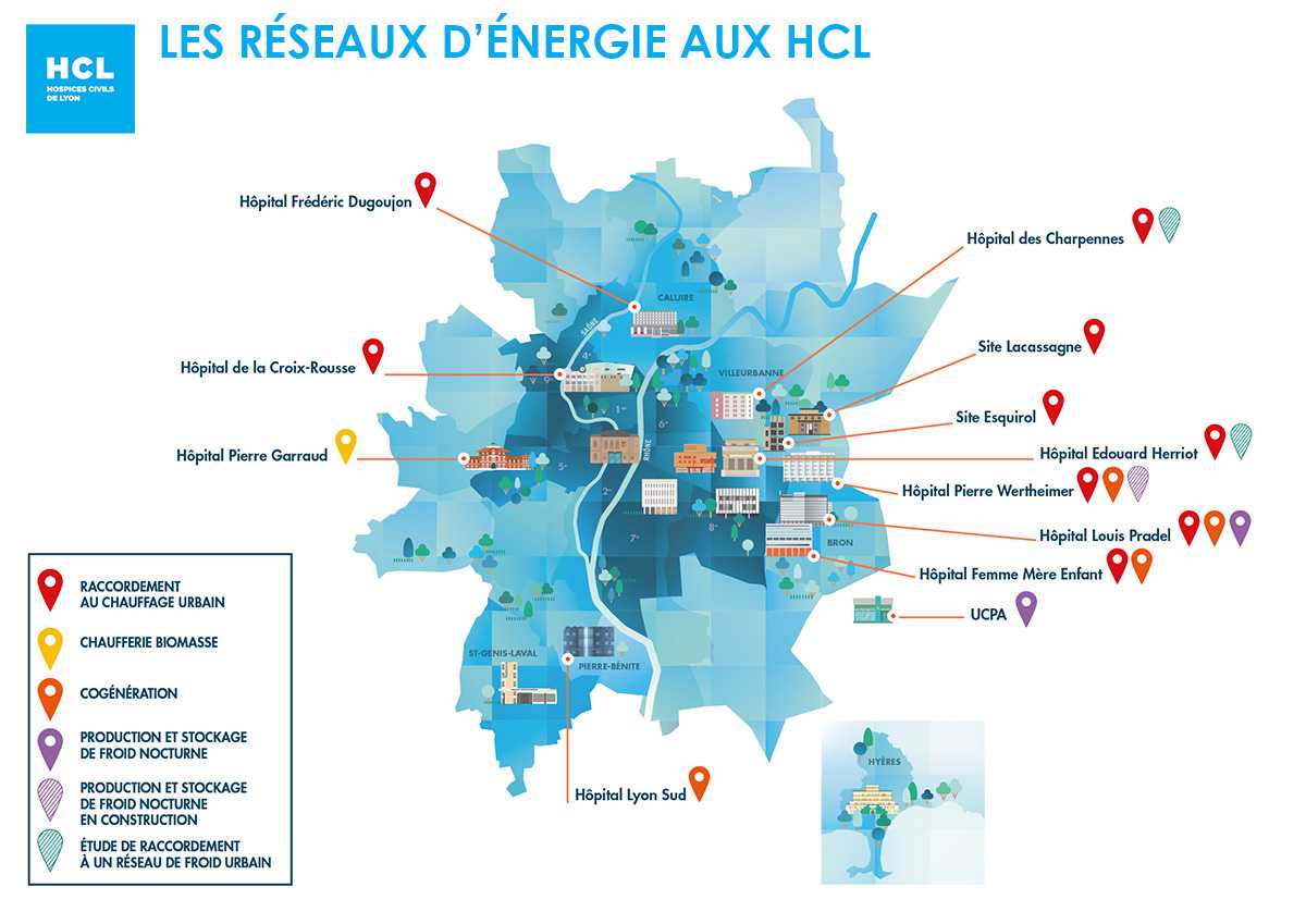 Carte des réseaux d'énergie des Hospices Civils de Lyon